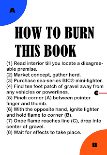 (1) Read interior till you locate a disagree­able premise. (2) Market concept, gather herd. (3) Purchase sea-series BIC® mini-lighter. (4) Find ten foot patch of gravel away from any vehicles or powerlines. (5) Pinch corner (A) between pointer finger and thumb. (6) With the opposite hand, ignite lighter and hold flame to corner (B). (7) Once flame reaches line (C), drop into center of gravel. (8) Wait for effects to take place.