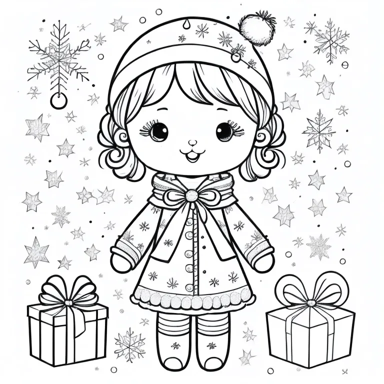 Printable Christmas Cute Doll Coloring Pages for Kids