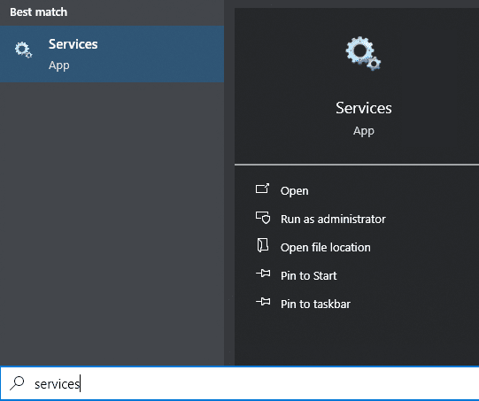 Screenshot showing Services in the Windows start menu