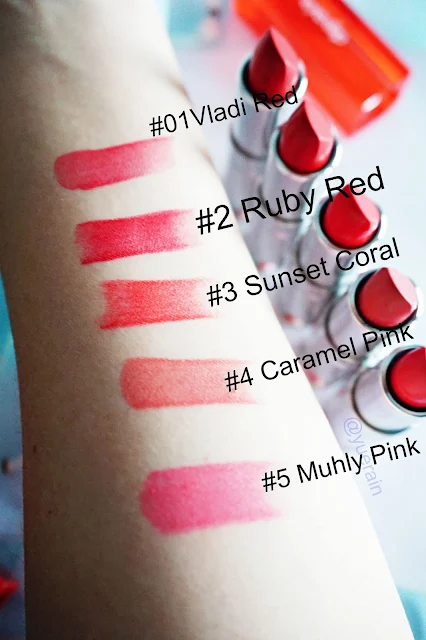 Eyenlip Matt lipstick in #1Vladi Red (dark red), #2 Ruby Red (Cherry Red), #3 Sunset Coral, #4 Caramel Pink, #5 Muhly Pink