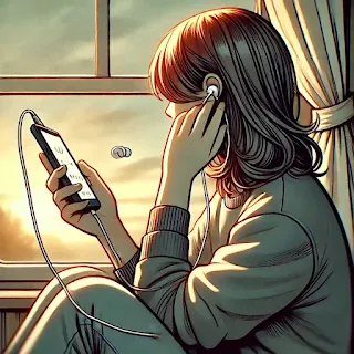 유선이어폰으로 음악을 감상하는 모습