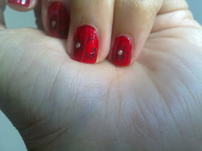 red stamping nail art nails with butterflies and flowers