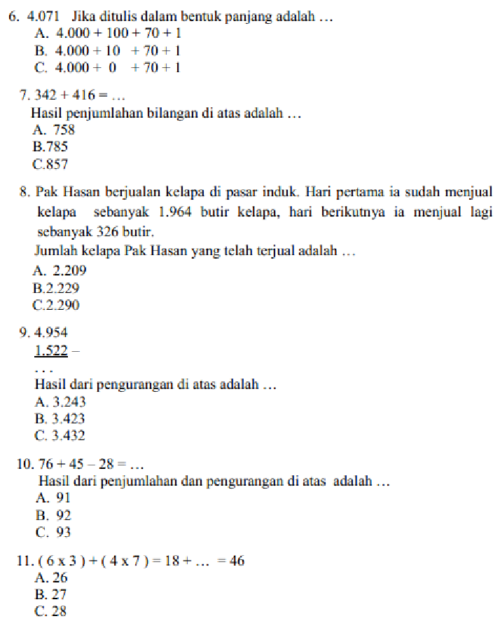 SOAL DAN JAWABAN LATIHAN UAS MATEMATIKA KELAS 3 SD 