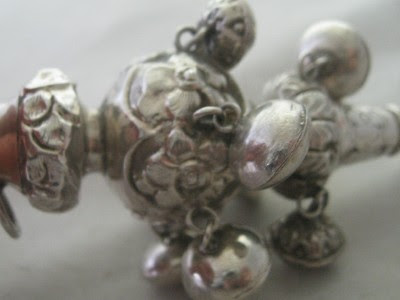 ANTIQUE VICTORIAN STERLING SILVER BABYS BELL RATTLE WITH CORAL TEETHER