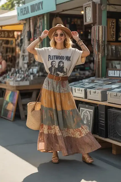 Vintage Graphic Tee + Flowy Skirt + Belt