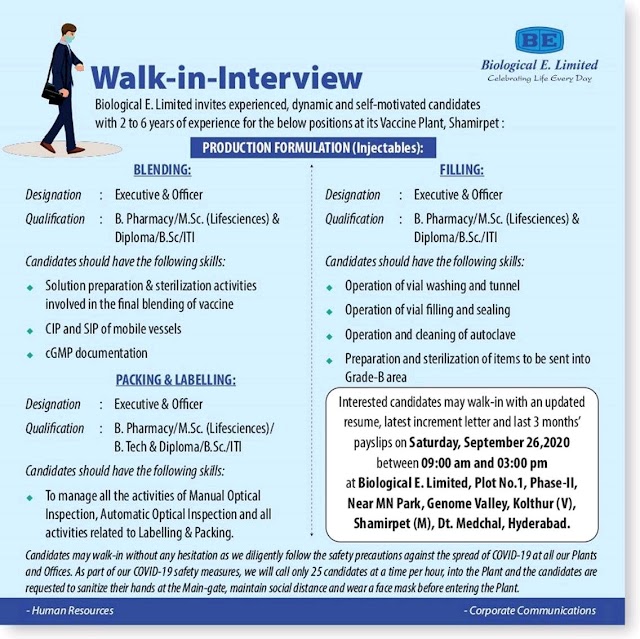 Biological E | Walk-in interview for Production-Formulation on 26 Sept 2020 at Hyderabad