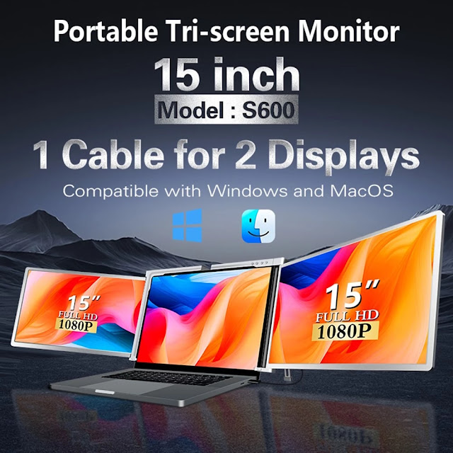 15 inches Laptop Expansion Screen FHD Portable Tri-screen Monitor with 1 Cable for 2 Displays for Windows, MacOS for 15-17.3 inch Laptop