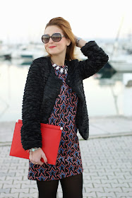 Zara starry print dress, fake fur jacket, marc by marc jacobs sunglasses, rockstar look, Fashion and Cookies, fashion blogger