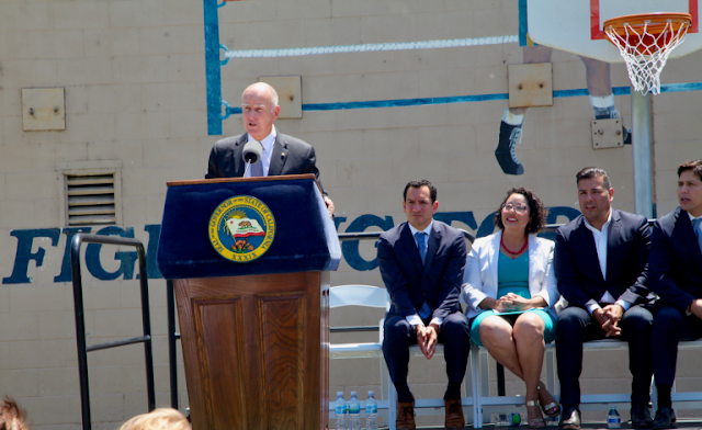 Governor Brown gives remarks in Bell Gardens. 