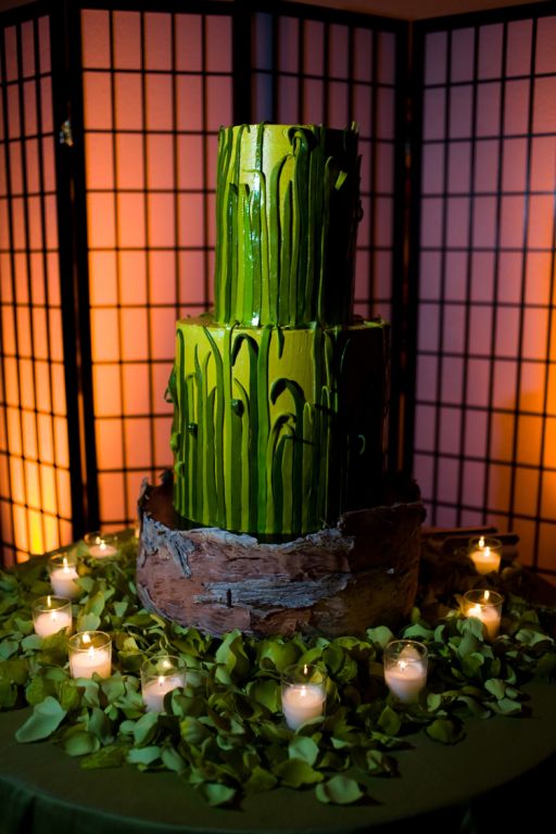 A tall two tier wedding cake in green with grass decorations