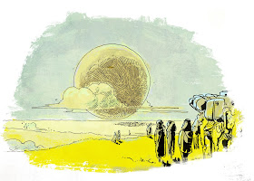 A moon obscured partially with clouds over a pale blue sky, over the horizon of bright yellow grasslands. A group of people emerge from the right, crossing in a caravan.