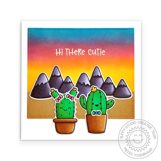 Sunny Studio: "Hi There Cutie" Girl & Boy Catcus at Sunset Polaroid Style Card (using Looking Sharp, Alpaca Holiday, Coastal Cuties Stamps & Stitched Rectangle Dies)