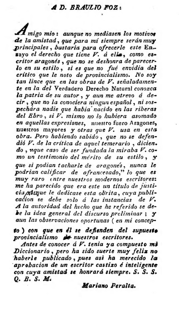 Ensayo de un Diccionario aragonés-castellano, Mariano Peralta, Braulio Foz