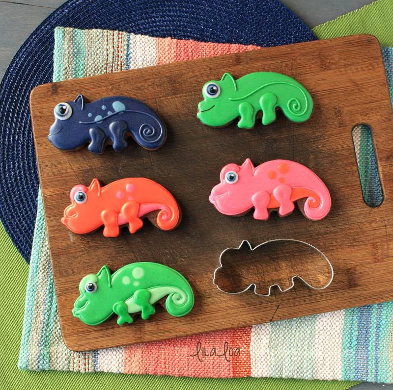 Brightly colored jungle and lizard chocolate sugar cookies