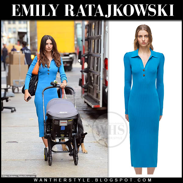 Emily Ratajkowski in vivid blue knit midi dress