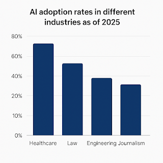 A bar graph displaying AI implementation in healthcare, law, engineering, and journalism