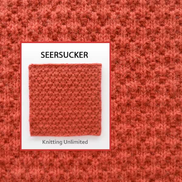 Seersucker Knit Purl. Textured knitting stitch pattern creates a fabric with a Seersucker texture