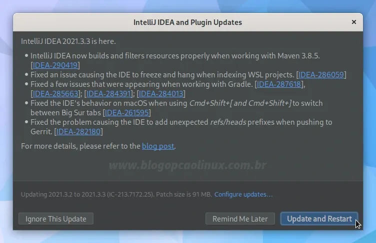 Clique no botão 'Update and Restart' para instalar e aplicar as atualizações do IntelliJ IDEA