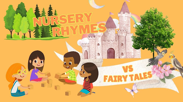 Four kids are playing and showing nursery rhymes vs fairy tales