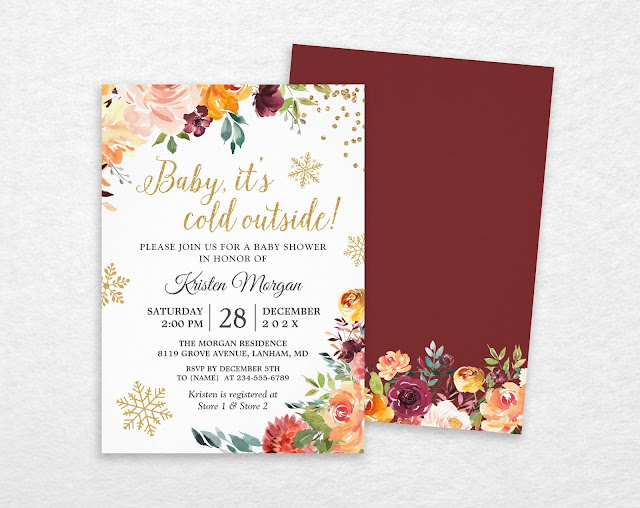  Baby Its Cold Outside Burgundy Floral Baby Shower Invitation