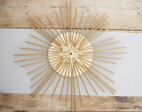 DIY tutorial sunburst outdoor mirror using mirror candle plate and wooden dowels from hobby raft 