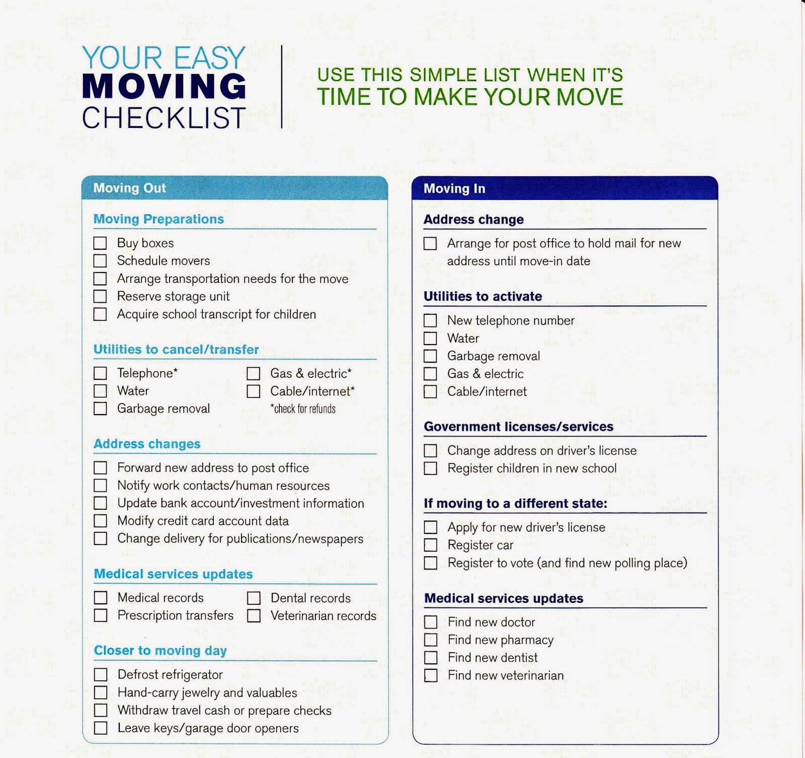 change of address moving checklist printable