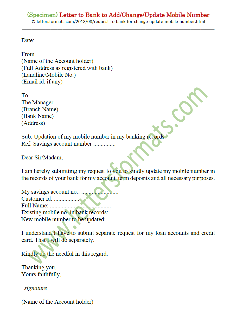Request Letter To Bank To Add Change Update Mobile Number