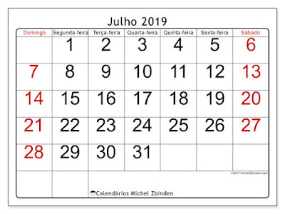 Calendário julho/2019