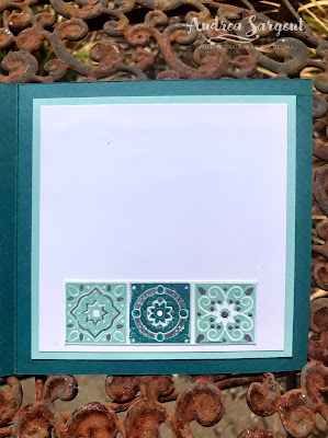 A card featuring a deep teal blue-green, Pretty Peacock, with 2-step layered stamping and heat embossing.