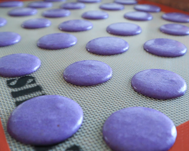 purple murple macarons after beng piped