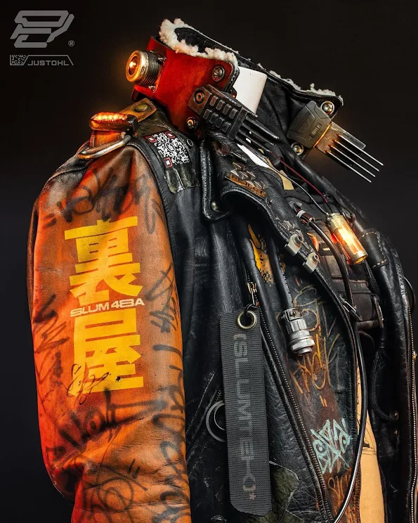 Mercenary Garage Custom Motorcycle Workshop Cyberpunk Jacket Dystopian Sci Fi Fashion Style Prop Making by Justohl 01