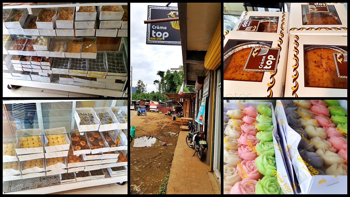 a collage of pictures showing glass shelves with boxes and boxes of baked delicacies at a new branch of Creme Top in Saguiaran