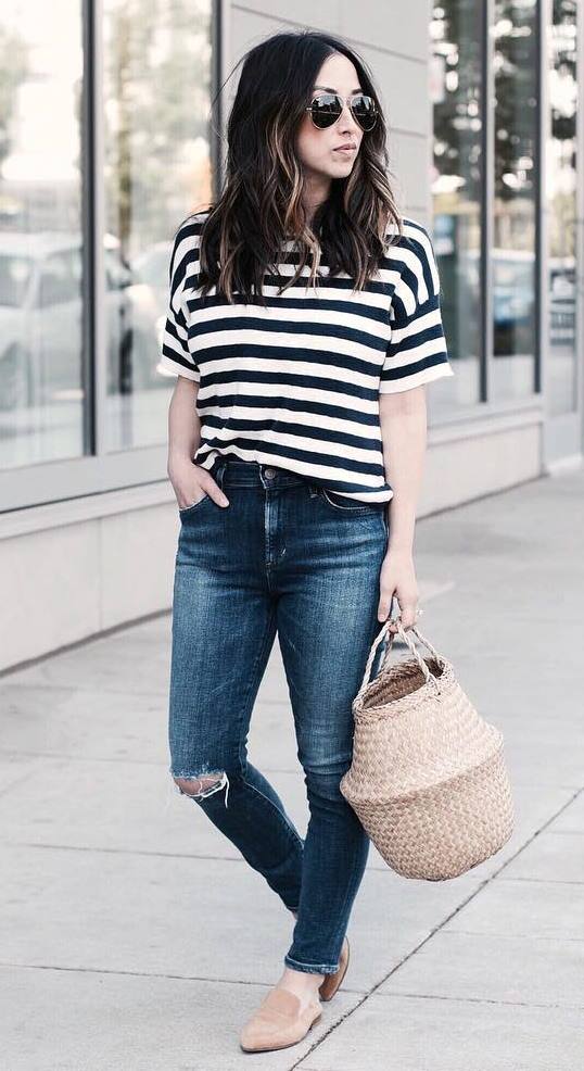 ootd | striped tee + bag + jeans + nude loafers + rips