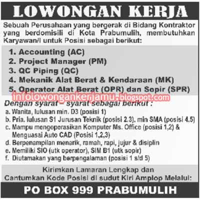 Lowongan Kerja PO BOX 999 Prabumulih