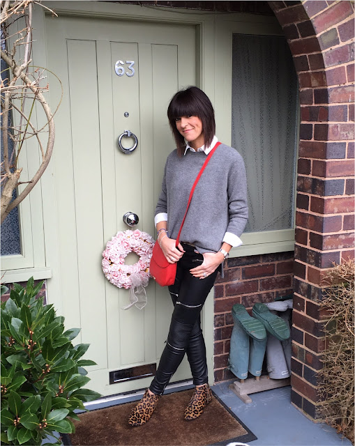 My Midlife Fashion, Zara oversized cashmere jumper, topshop white shirt, zara faux leather biker trousers, boden joni b leopard print ankle boots, Osprey cross body bag