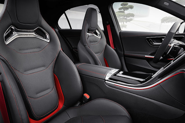 2023 Mercedes-AMG C 43 Sedan - has AMG seats with a distinct upholstery layout and seat covers in black MB-Tex/Microfiber with red contrasting stitching and red seat belts.