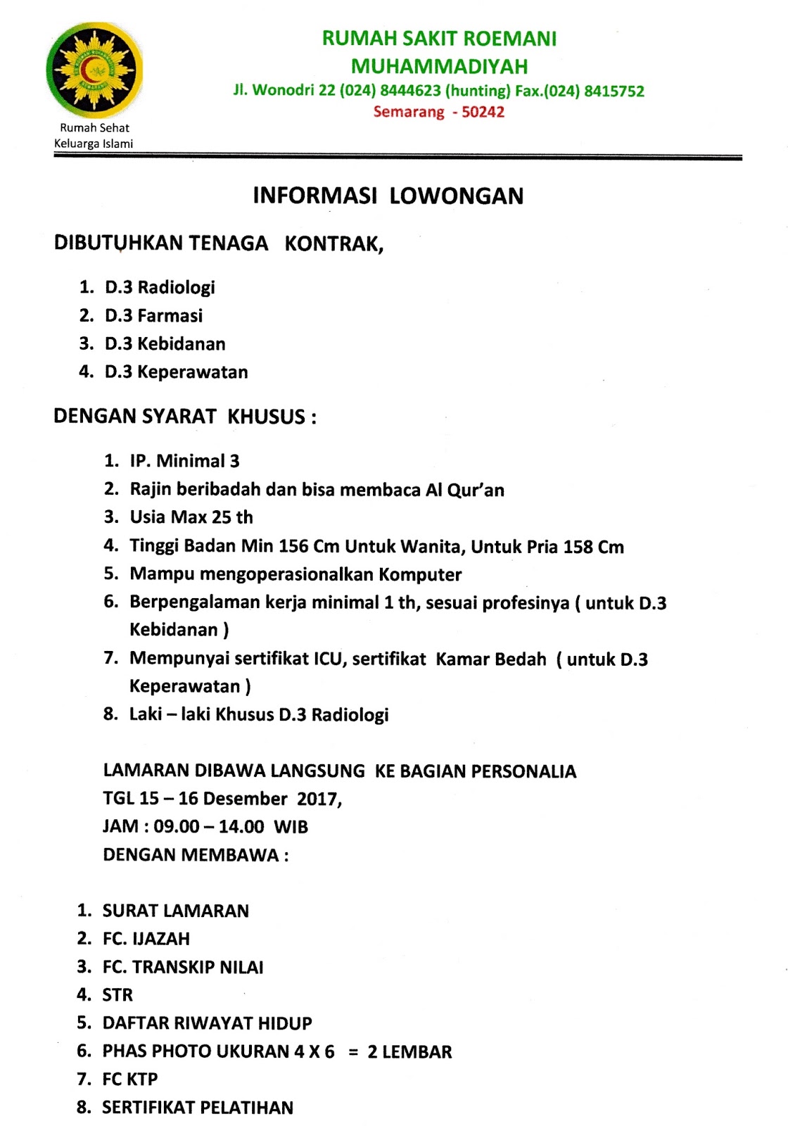 Lowongan Kerja Rumah Sakit Roemani Muhammadiyah Semarang Desember