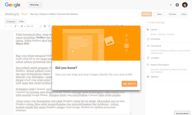 Google Blogger release fitur baru, Drag and Drop image/gambar ke posting