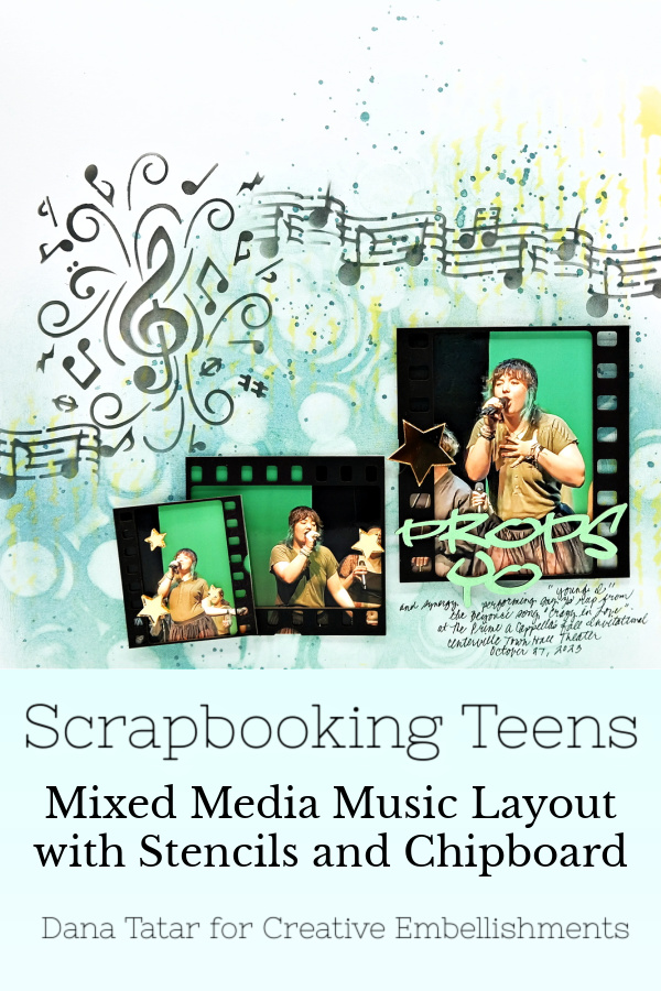 Mixed media teen a cappella music performance scrapbook layout using stencils, chipboard, and mirrored acrylic shapes from Creative Embellishments.