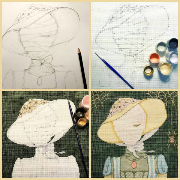 Collage showing development of Maude (Halloween mummy) from sketch to finished needlepoint design