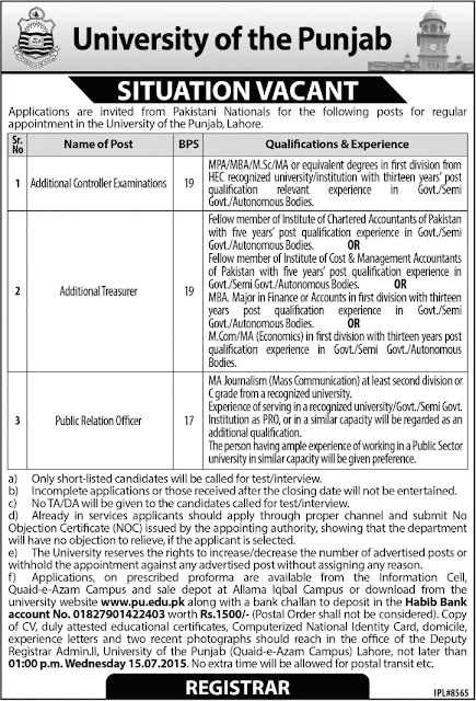 Additional Controller Examinations Jobs in University of the Punjab