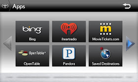 Screenshot of Toyota Entune featuring Bing, Pandora, iHeartRadio, MovieTickets.com and OpenTable