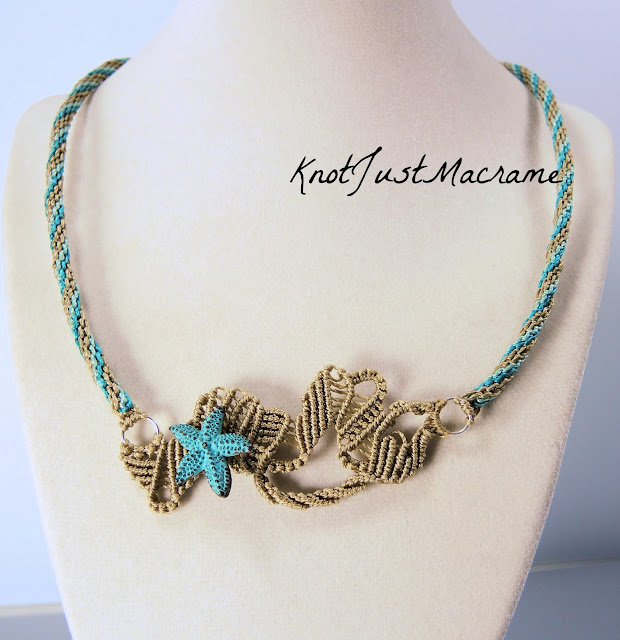 Free form macrame necklace with starfish in teal by Sherri Stokey.