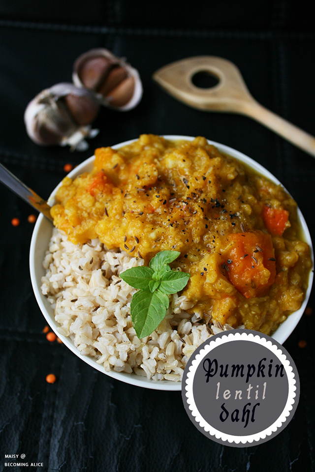 vegan pumpkin lentil stew, dahl, dhal, dal, rice, dinner, lunch, recipe