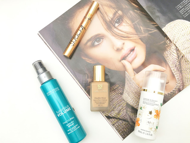 YSL Shocking Mascara, YSL, Liz Earle Sweet Orange and Mint Hot Cloth Cleanse & Polish, Liz Earle, John Frieda Luxurious Volume, Estee Lauder Double Wear Foundation,