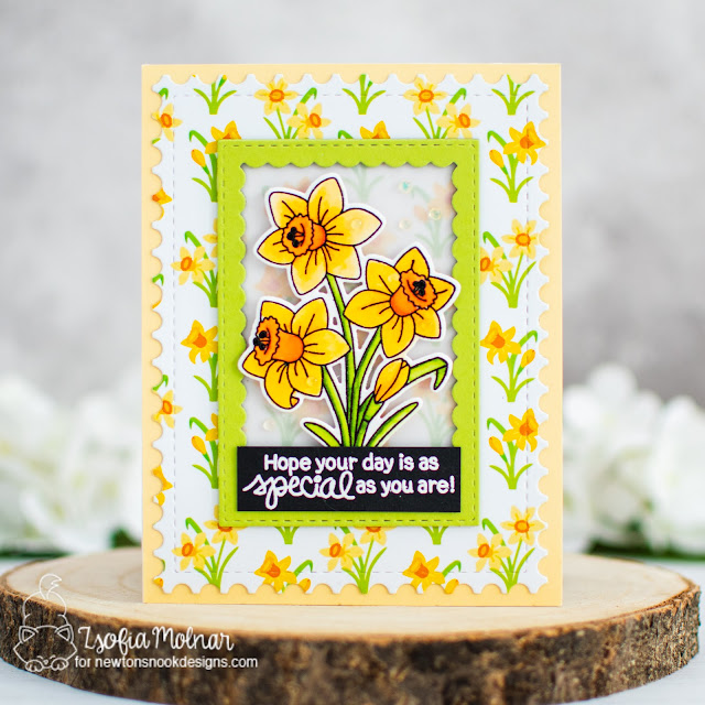 Spring Floral Card by Zsofia Molnar | Spring Blooms Paper Pad, Daffodils Stamp Set and Framework Die Set by Newton's Nook Designs #newtonsnook