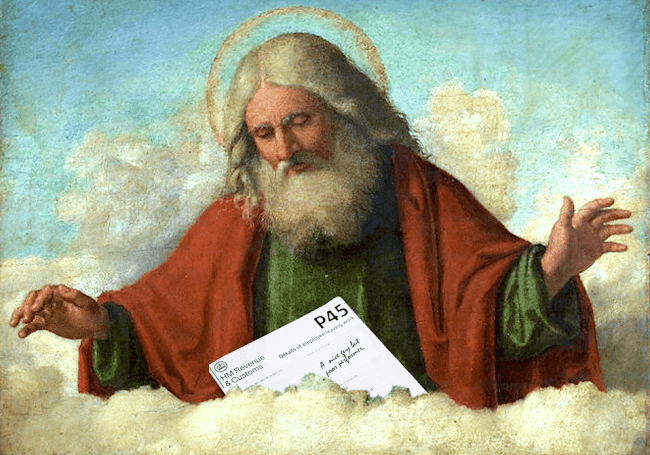 A picture of God being handed a P45-form with text that reads 'A nice buy but poor performer'
