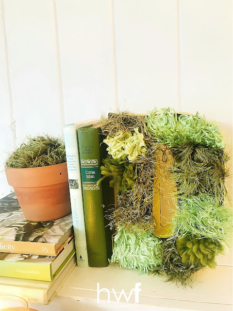 spring,inspired by nature,re-purposed,up-cycling,DIY,diy decorating,decorating,seasonal,wreaths,wall art,faux moss,moss wall art,bookend,spring moss,tutorial