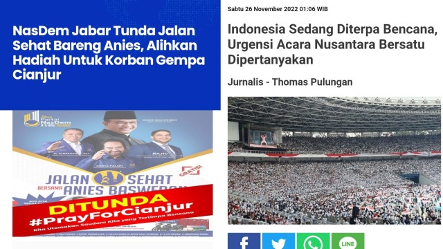 Di Tengah Duka Cianjur, Relawan Anies Batalkan Acara, Relawan Jokowi Pesta di GBK, Aktivis: Ini Soal Kepekaan Saja!