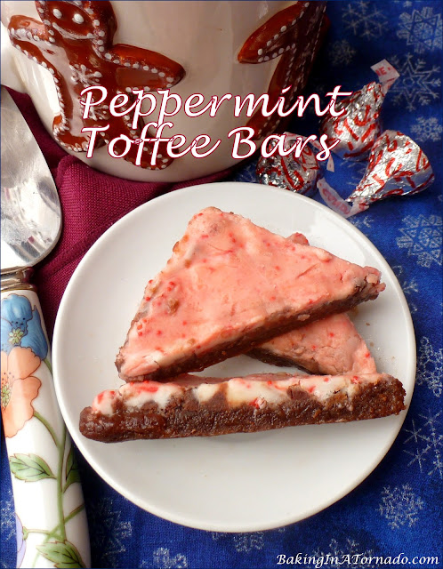 Peppermint Toffee Bars| recipe developed by Karen of www.BakingInATornado.com | #recipe #dessert